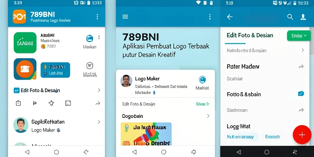 Tampilan antarmuka aplikasi 789BNI dengan berbagai fitur desain logo.
