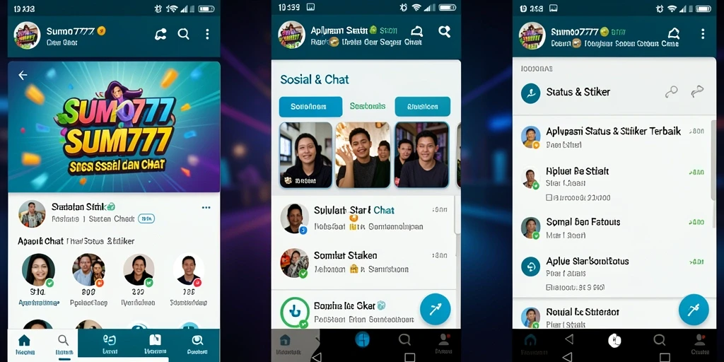 Tampilan antarmuka aplikasi SUMO777 yang menarik dengan berbagai stiker dan status.